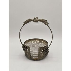 Brass Filigree Glass Coaster Set Caddy Roses Hollywood Regency